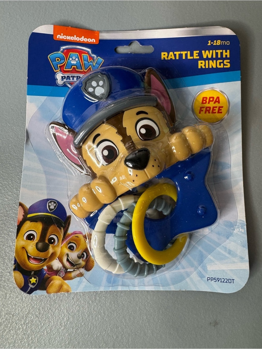 Nickelodeon PAW Patrol Chase Rattle with rings dog Blue, Yellow, Gray BPA free
